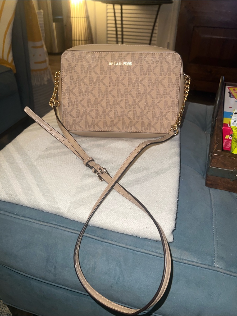 Michael Kors Pink-Beige Logo Crossbody with Gold Chain